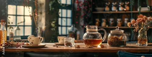 Cozy kitchen with herbal tea and dried flowers