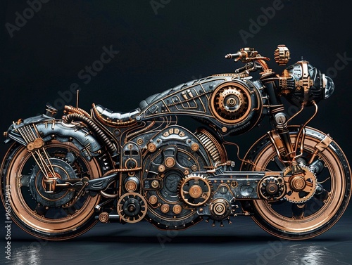 A mechanical steampowered motorcycle with brass and copper components, decorated with gears and cogs, Steampunk, 3D, Dark tones, Intricate details photo