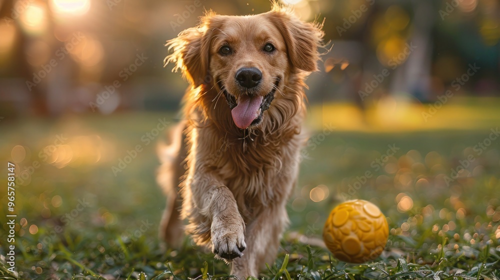 Golden Retriever Playing with Rubber Ball on Green Lawn in Selective Focus Golden Retriever Playing with Rubber Ball on Green Lawn in Selective Focus