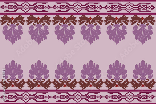 Geometric seamless fabric pattern, European native damask pattern, brown, maroon flowers, background, illustration, vector, wallpaper border