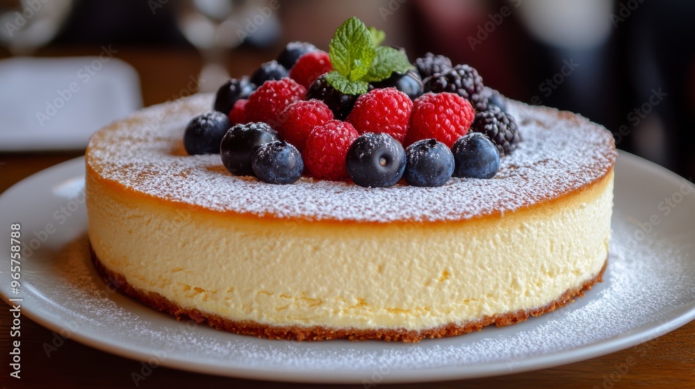 Delicious cheesecake decorated with berries and icing sugar on table Delicious cheesecake decorated with berries and icing sugar on table