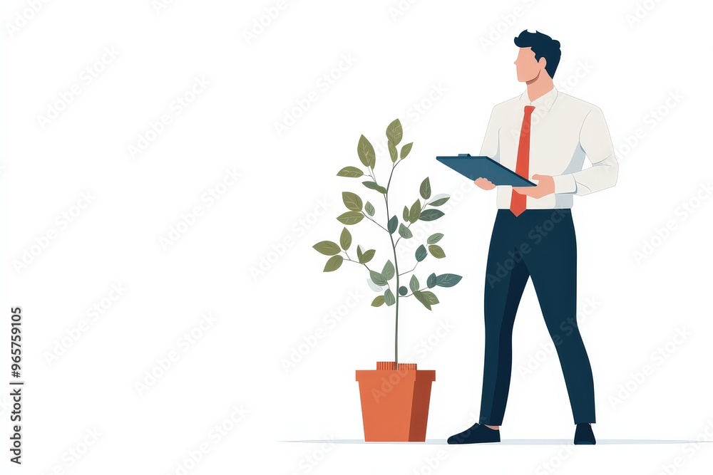 Business professional evaluates plant growth as a symbol of entrepreneurial success and potential. Business professional evaluates plant growth as a symbol of entrepreneurial success and potential.