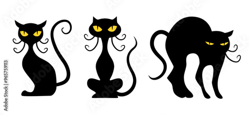 Black cat in different poses. Vector clipart isolated on white background.