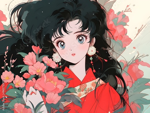 Anime Girl with Pink and Red Flowers and Traditional Outfit