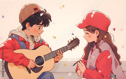 Anime Boy Playing Guitar for a Girl in Red