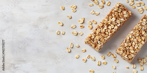 Granola bar with whole grains and seeds near scattered oats