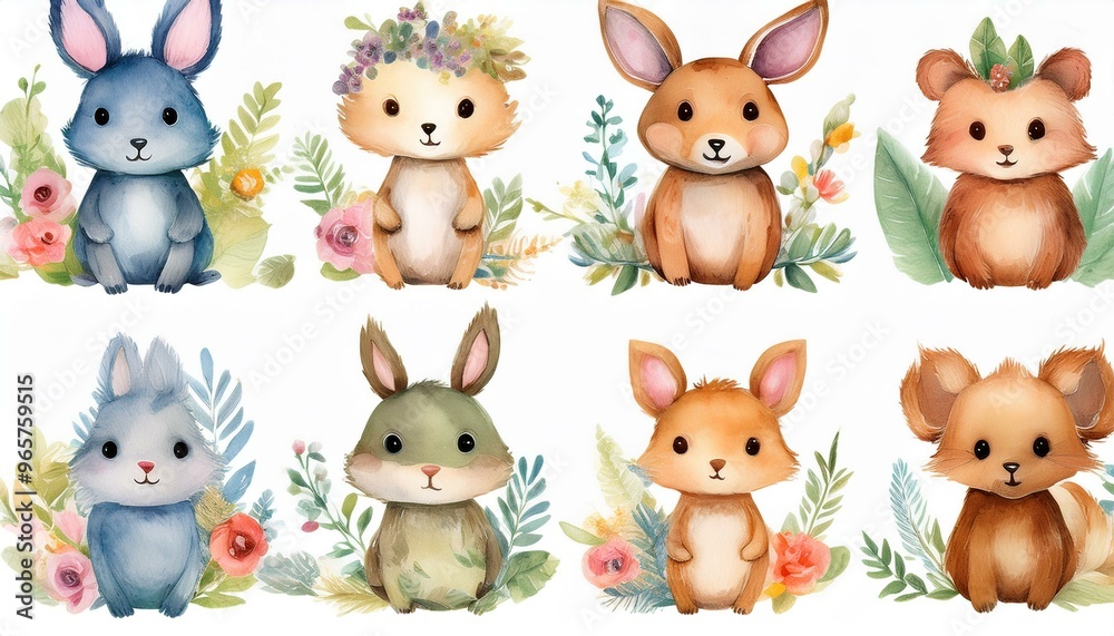 Obraz premium Brighten up projects with adorable watercolor clip art featuring cute animals