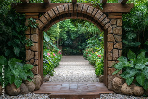 a stone archway with plants and a path photo