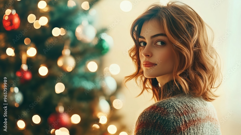 Naklejka premium Serene Woman in Cozy Sweater Admiring Warmly Lit Christmas Tree with Bokeh Lights