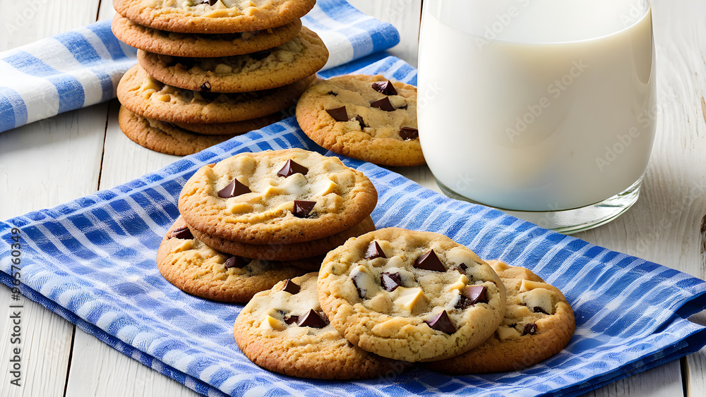 Fresh baked chocolate chip cookies and milk, homemade cookies, homemade snacks, sweet desserts, ai generated Fresh baked chocolate chip cookies and milk, homemade cookies, homemade snacks, sweet desserts, ai generated
