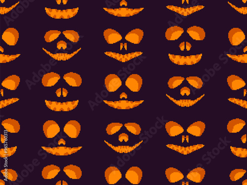 Seamless pattern with halloween scary face in pixel art style. Pixel scary pumpkin face in 8-bit retro graphic style of 80s games. Design for wallpapers, banners and posters. Vector illustration