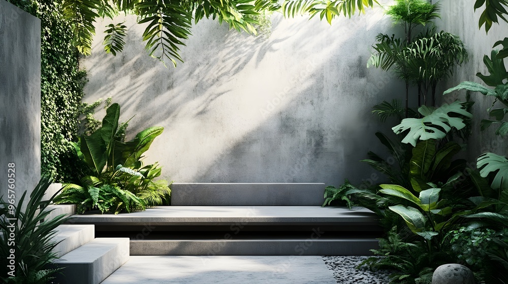 Minimalist Concrete Terrace with Lush Greenery and Clear Copy Space Minimalist Concrete Terrace with Lush Greenery and Clear Copy Space