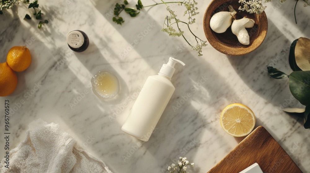 Top view photo for advertising use of cream, body lotion, watery products, serums in bottles containing natural ingredients and decorated around with natural ingredients and flowers. Top view photo for advertising use of cream, body lotion, watery products, serums in bottles containing natural ingredients and decorated around with natural ingredients and flowers.