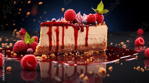 slice of cheesecake with cherries and a red sauce, with steam rising