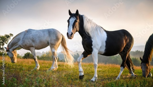 striking scene of a white horse standing prominently in the foreground, surrounded by a group of black horses. The background is shrouded in mist, creating a dramatic atmosphere.