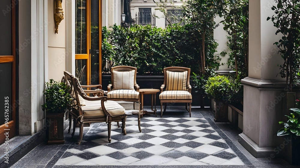 Fototapeta premium Elegant stone terrace with classic style vintage outdoor seating offering a peaceful and inviting ambiance with generous copy space for text overlay or graphic design