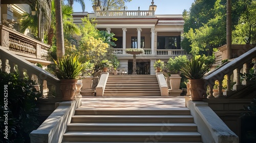 Elegant terrace with a grand staircase leading to a beautifully designed outdoor space featuring lush greenery blooming flowers and ample room for relaxation and entertainment