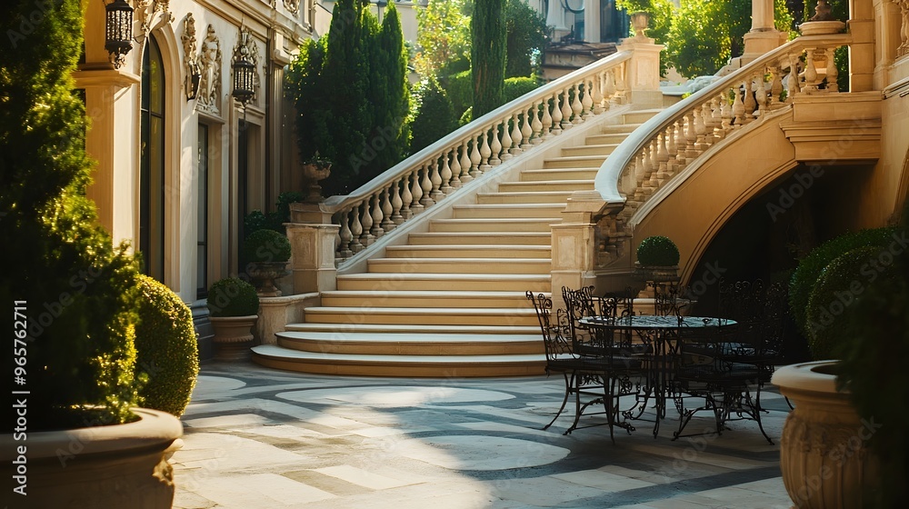Fototapeta premium Elegant and Classic styled Terrace with a Grand Staircase Designed to Invite Visitors into a Beautifully Landscaped Outdoor Living Space