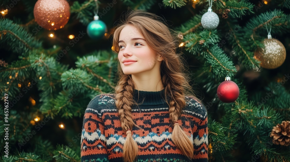 Festive Woman in Braided Hair and Patterned Sweater by Colorful Christmas Tree Festive Woman in Braided Hair and Patterned Sweater by Colorful Christmas Tree