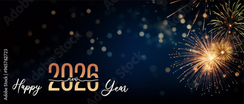 Happy new year, sylvester, new year's eve, number of year 2026 party event celebration holiday greeting card with text, fireworks on blue night background with text