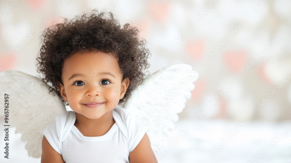 Smiling girl with curly hair, dressed as an angel with white wings, holding a large red heart against a bokeh backdrop of hearts. Valentine's Day love concept. Smiling girl with curly hair, dressed as an angel with white wings, holding a large red heart against a bokeh backdrop of hearts. Valentine's Day love concept.