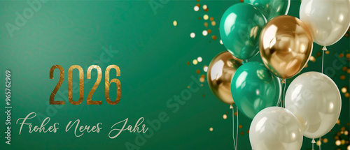 Frohes neues Jahr, Silvester, Neujahr, Grußkarte mit deutschem Text, goldene Jahreszahl 2026, grün, weiß, goldene Ballons auf grünem Hintergrund 