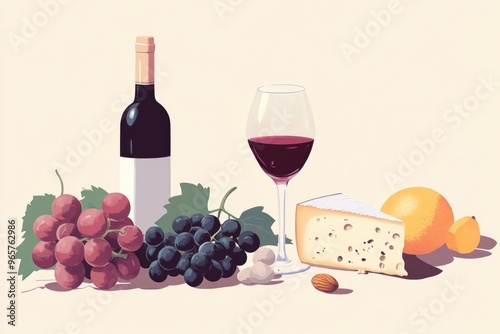 Elegant Still Life with Wine, Cheese, Grapes, and Nuts - Perfect for Kitchen Decor and Culinary Art Prints