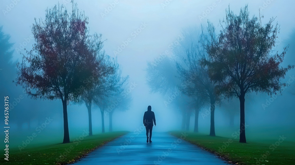 Solitary Figure Amidst Tranquil Park Landscape with Foggy Sky Solitary Figure Amidst Tranquil Park Landscape with Foggy Sky