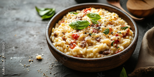 Risotto with visible ingredients served on a wide, flat ceramic dish