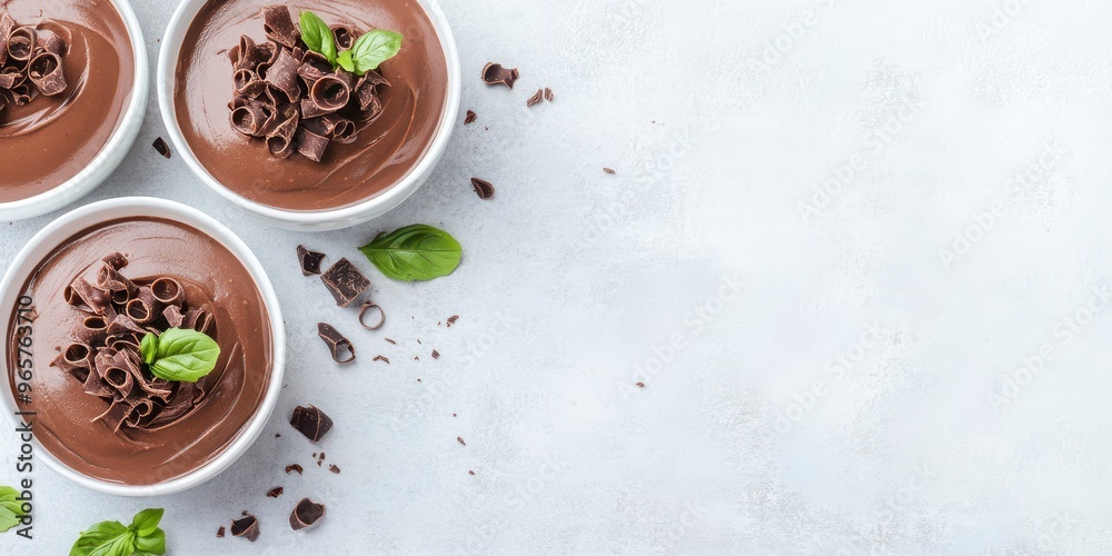Bowls of chocolate mousse with chocolate shavings, scattered with broken chocolate pieces on a white background. Ideal for dessert recipes. Bowls of chocolate mousse with chocolate shavings, scattered with broken chocolate pieces on a white background. Ideal for dessert recipes.