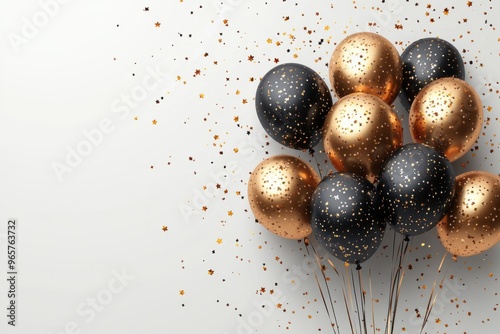 background with gold and black balloons and confetti elements for elegant birthday with copy space.