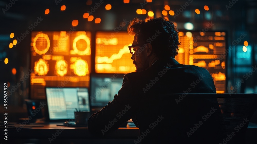 Obraz premium Financial analyst working late using multiple computer monitors showing charts