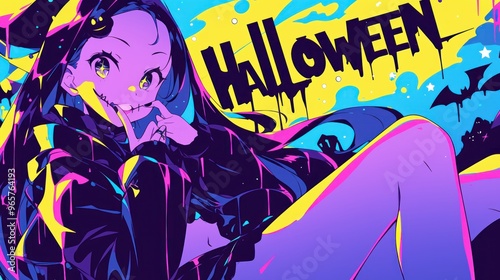 woman in halloween costume. inscription 