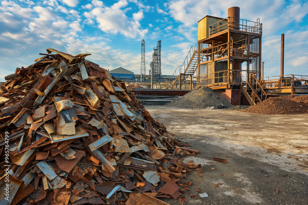 Fototapeta premium Large pile of scrap metal awaiting recycling at an industrial plant, demonstrating the circular economy
