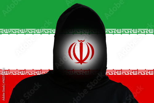 Cuadro en lienzo War, conflict between Iran and Israel, with a hooded, incognito militant figure at the center