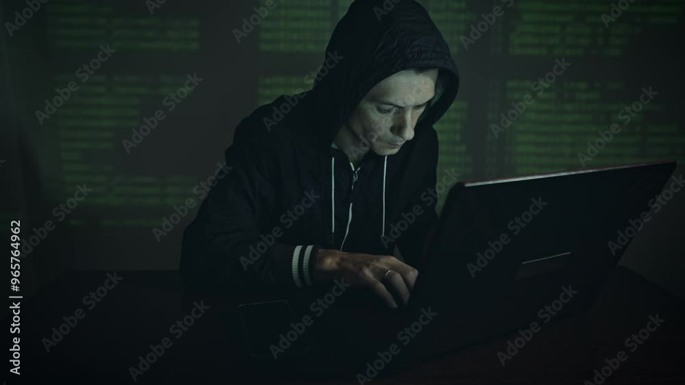 Male hacker in the hood holding the phone in his hands trying to hack the mobile device cloud and steal data in neon light. The concept of cyber security