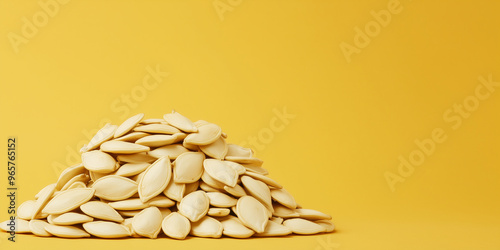 Small pile of pumpkin seeds in a neat, triangular formation photo