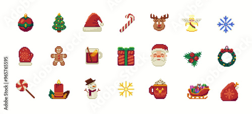 Vintage 8 bit Merry Christmas icon set. Festive Xmas symbols in pixel art. Happy New Year collection in retro video game style.