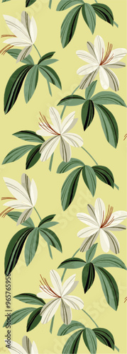 A floral pattern of white stylized flowers and green leaves on a yellow background, evoking a vintage aesthetic.