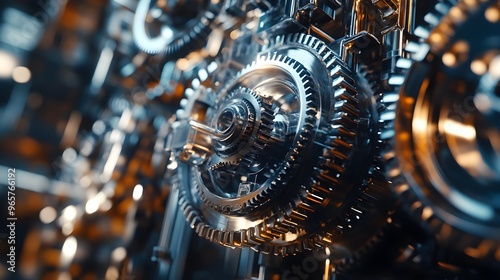 Mechanical gear prominently displayed with technology background in 3D rendering