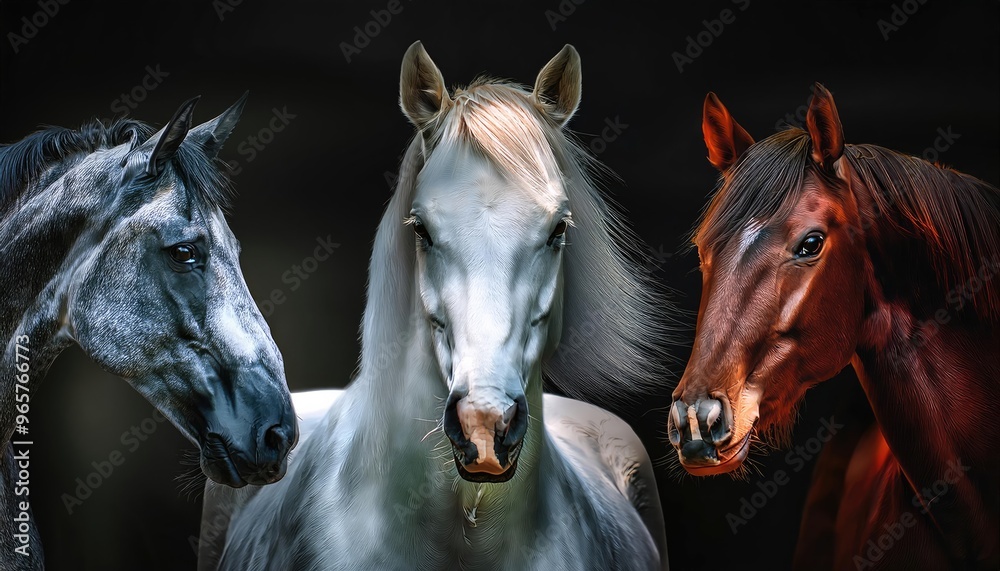 striking scene of a white horse standing prominently in the foreground, surrounded by a group of black horses. The background is shrouded in mist, creating a dramatic atmosphere. striking scene of a white horse standing prominently in the foreground, surrounded by a group of black horses. The background is shrouded in mist, creating a dramatic atmosphere.
