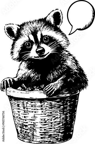 Cute Raccoon in Basket with Speech Bubble