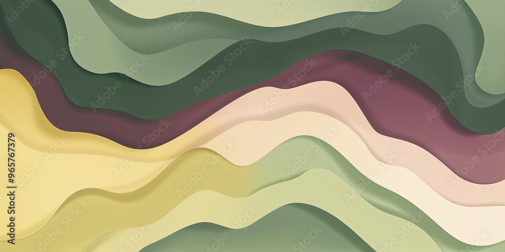 Abstract flowing layers with earth tones of green, beige, and yellow.