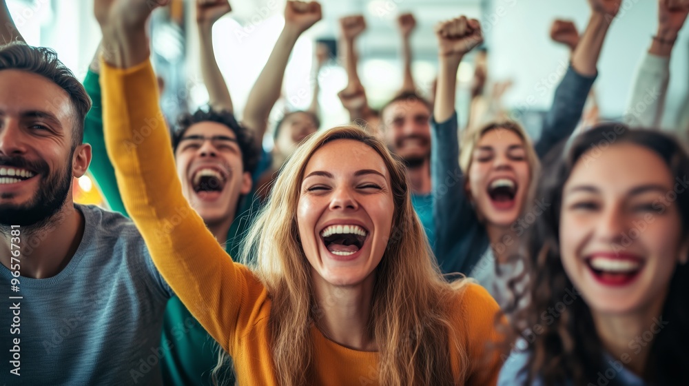 A group of people are smiling and cheering. Scene is joyful and celebratory. A group of people are smiling and cheering. Scene is joyful and celebratory.