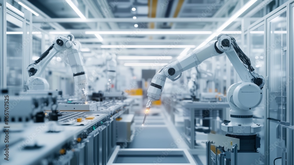 A high-tech manufacturing plant with robotic arms assembling advanced electronics. A high-tech manufacturing plant with robotic arms assembling advanced electronics.