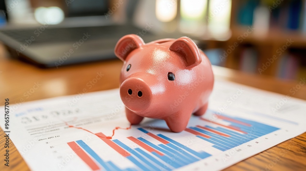 © diowcnx - Smiling Piggy Bank with Financial Planning Documents on Wooden Table.