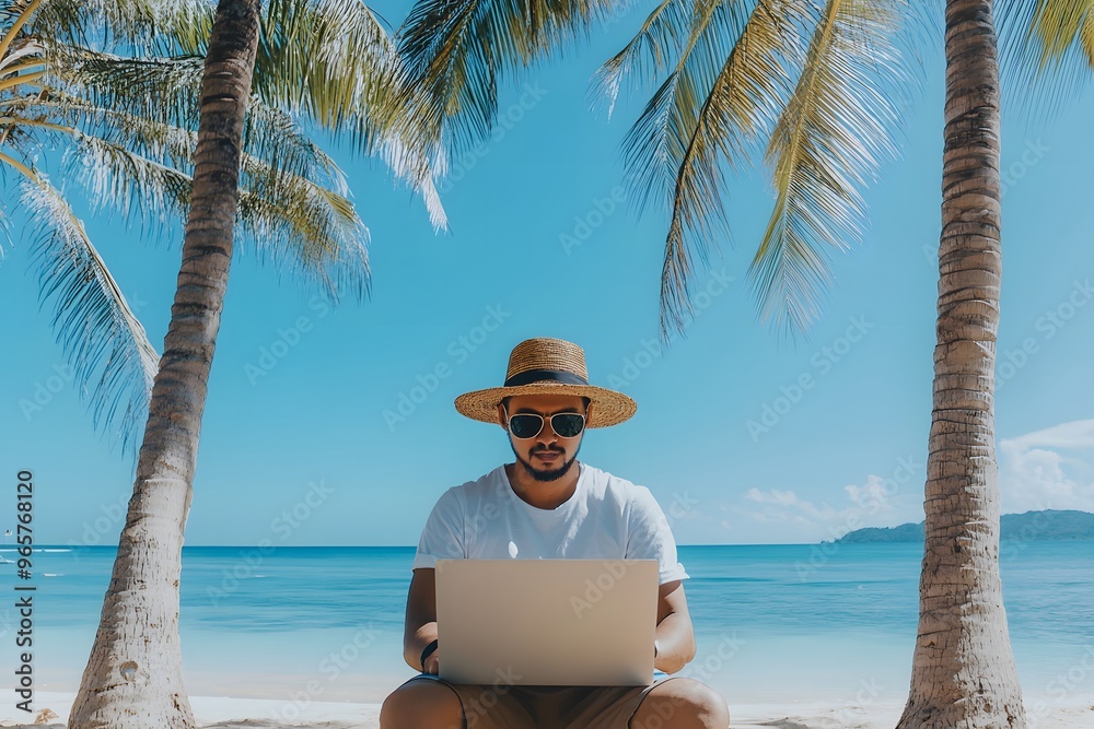Remote-Arbeiten am Strand unter Palmen Remote-Arbeiten am Strand unter Palmen