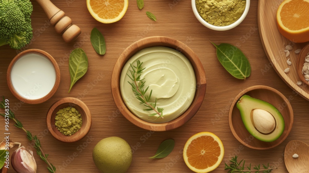 Top view photo for advertising purposes. Skin-refining salt, a thick product, packaged in a jar, containing natural ingredients and decorated around with natural ingredients and flowers. Top view photo for advertising purposes. Skin-refining salt, a thick product, packaged in a jar, containing natural ingredients and decorated around with natural ingredients and flowers.