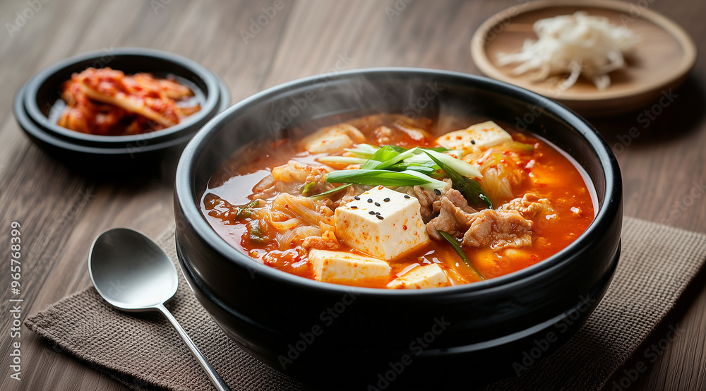 Steaming Bowl of Kimchi Jjigae with Tofu, Pork, and Vegetables in Rich Broth Steaming Bowl of Kimchi Jjigae with Tofu, Pork, and Vegetables in Rich Broth