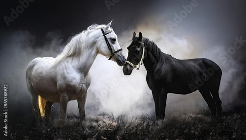 striking scene of a white horse standing prominently in the foreground, surrounded by a group of black horses. The background is shrouded in mist, creating a dramatic atmosphere.